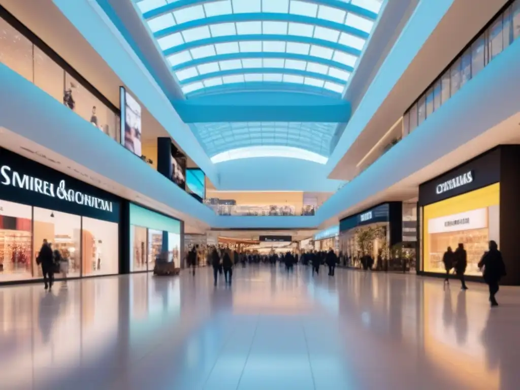 Centro comercial moderno: diseño arquitectónico y vida urbana Un centro comercial con potencial: arquitectura moderna, compradores animados y luces vibrantes