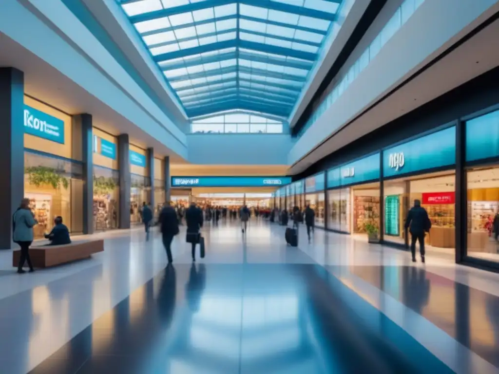 Centro comercial vibrante: diversidad y modernidad Un centro comercial vibrante con arquitectura moderna, tiendas coloridas y diversidad de personas disfrutando