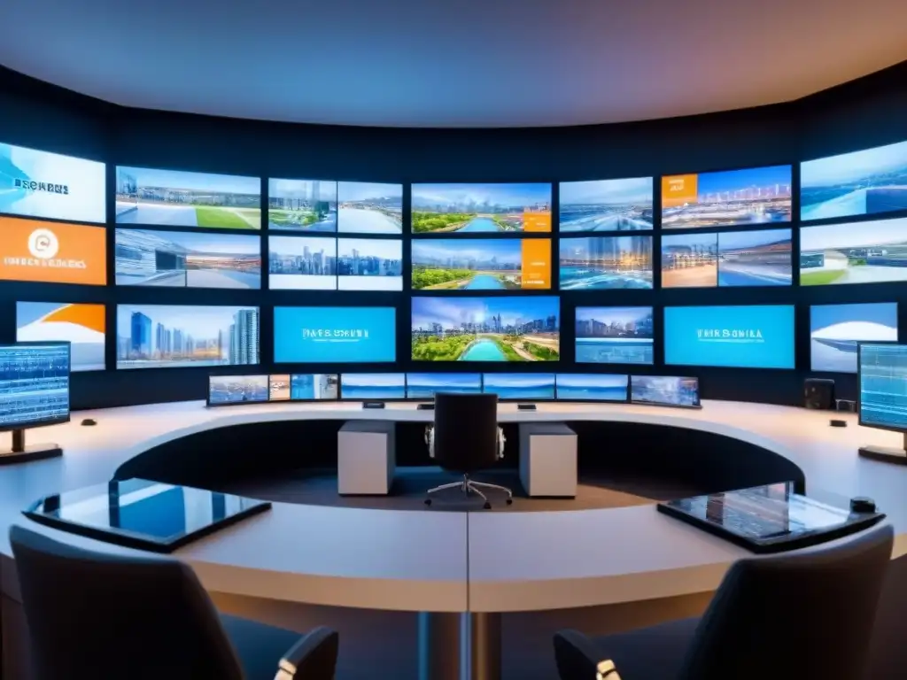 Sala de control de seguridad futurista para edificios de lujo Centro de control de seguridad de alta tecnología con monitores mostrando un edificio de apartamentos lujoso y moderno