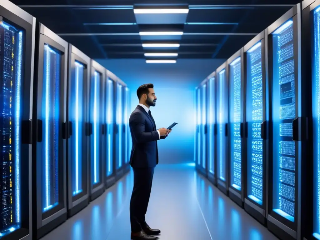 Centro de datos ultramoderno: eficiencia y tecnología de vanguardia Un centro de datos de alta tecnología con servidores relucientes y tecnología avanzada