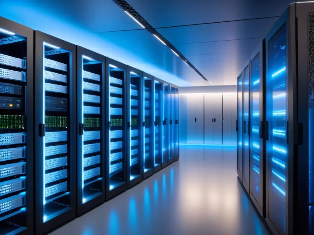Centro de datos de alta tecnología: innovación en 8k Un centro de datos de alta tecnología con servidores relucientes, cables y técnicos, irradiando innovación en inteligencia artificial