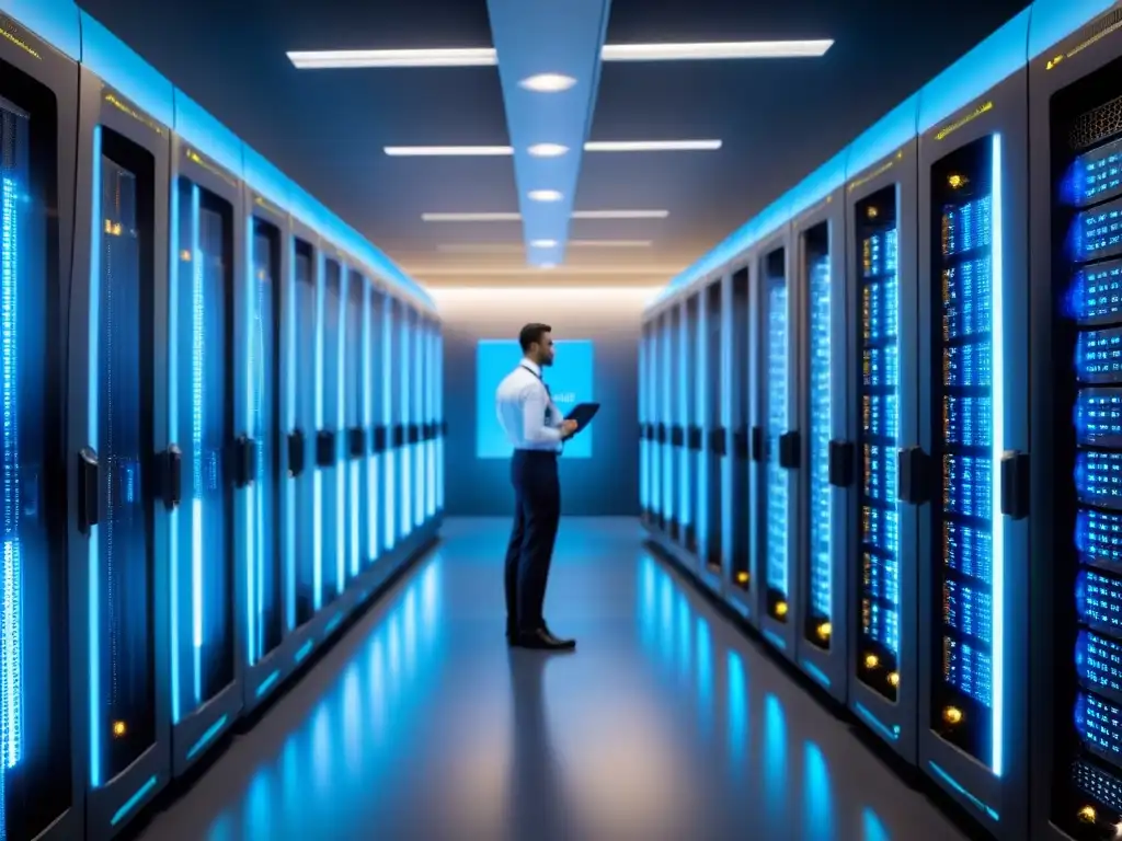 Centro de datos futurista: servidores de vanguardia bajo luces de neón Un centro de datos futurista con arquitectura metálica brillante bajo luces de neón, servidores de vanguardia y técnicos monitoreando pantallas con datos complejos