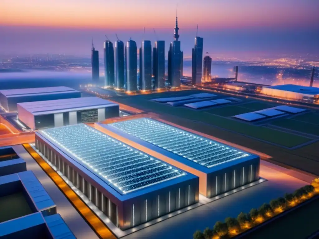 Centro de datos futurista en ciudad, bañado por el sol Centro de datos futurista en la ciudad para inversionistas globales, con arquitectura vanguardista y torres de comunicación