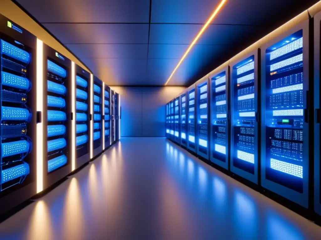 Centro de datos futurista: redes luminosas y eficiencia tecnológica Un centro de datos futurista y detallado, con redes de cables brillantes y servidores activos, en un ambiente innovador y eficiente