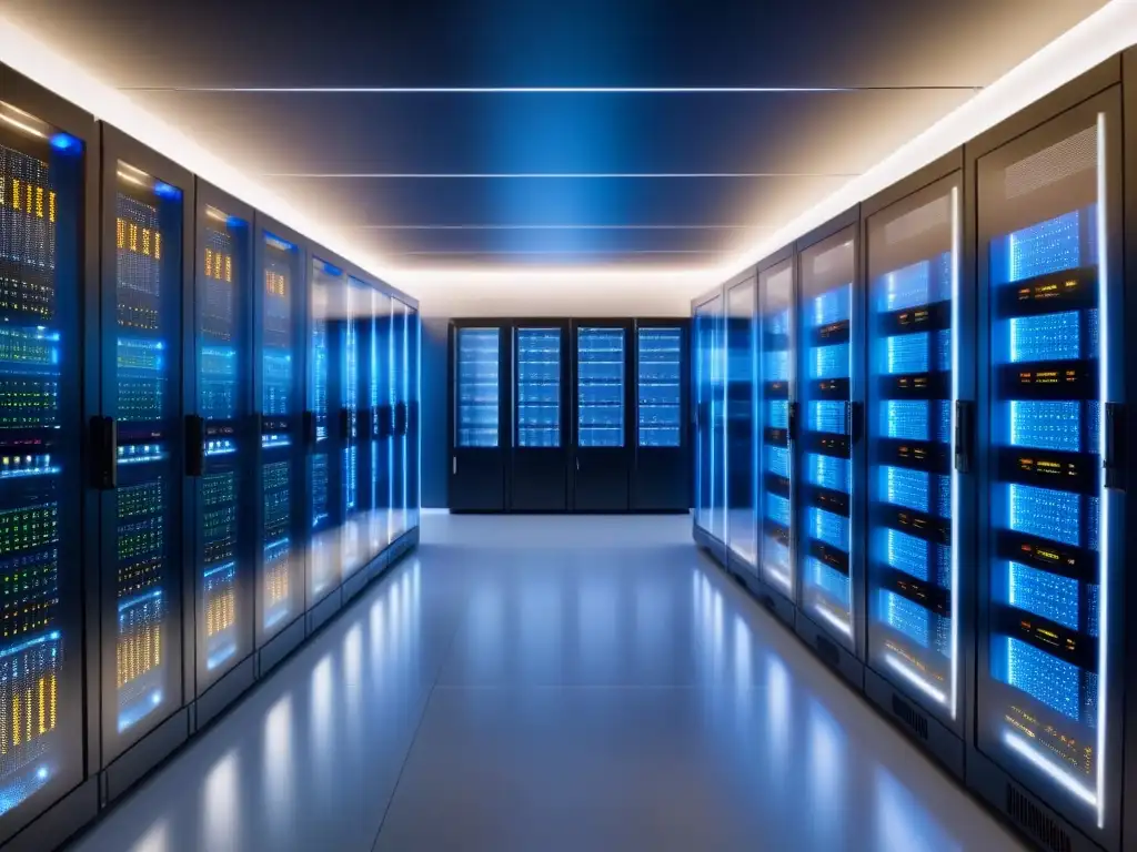 Centro de datos futurista y eficiente: alta tecnología y diseño innovador Un centro de datos futurista con diseño de vanguardia, cables organizados y salas de control tecnológicas