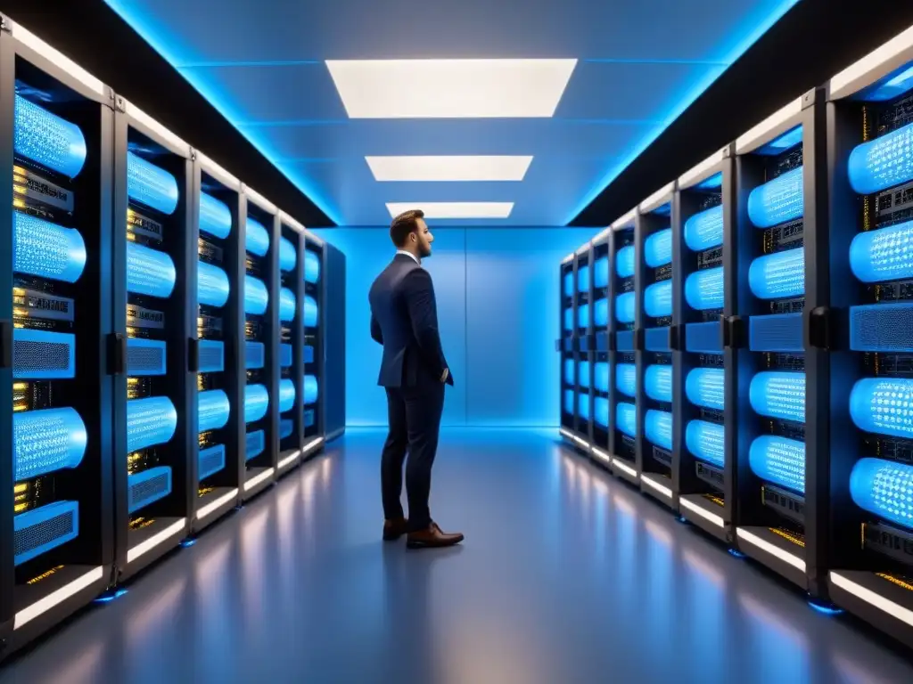 Centro de datos futurista: servidores de última generación en acción Un centro de datos futurista y eficiente con servidores de última tecnología, iluminación azul y técnicos monitoreando