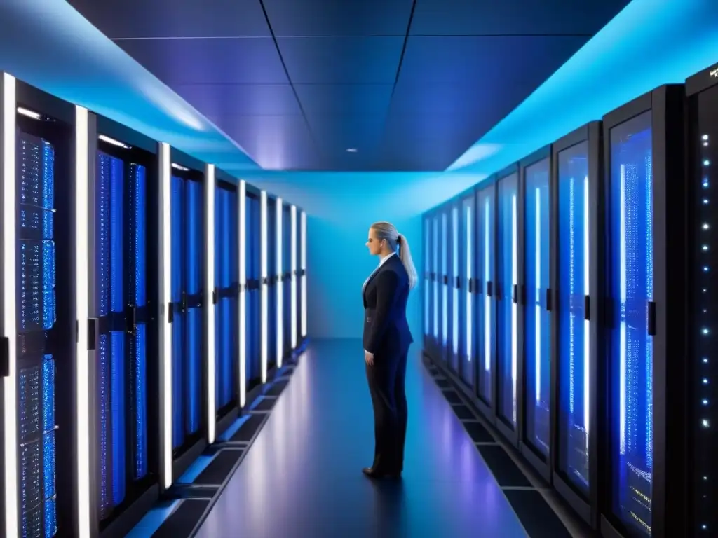 Centro de Datos Futurista: Eficiencia y Tecnología Avanzada Un centro de datos futurista y elegante con servidores alineados, bañados en luz azul