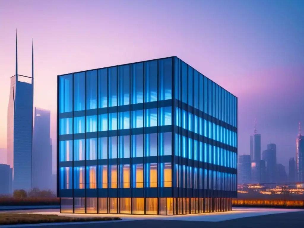 Centro de datos futurista: innovación tecnológica en la ciudad Un centro de datos futurista iluminado en azul frente a una ciudad vibrante al anochecer