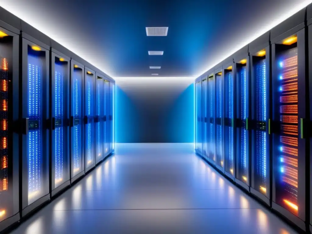 Centro de datos futurista: tecnología de vanguardia en 8k Un centro de datos futurista iluminado por luces LED vibrantes, resaltando la eficiencia de invertir en propiedades para infraestructura