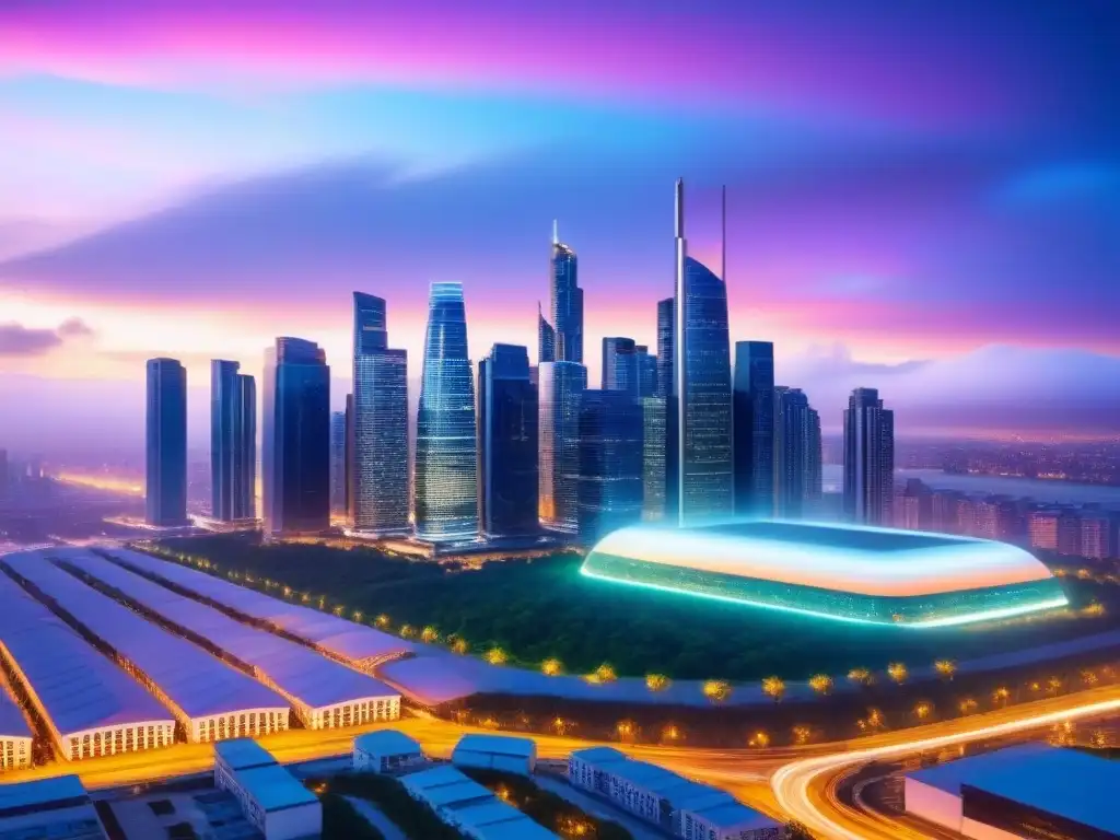 Centro de datos futurista en ciudad al atardecer Un centro de datos futurista iluminado, con tendencias inmobiliarias globales Big Data en pantallas, bajo un cielo urbano al atardecer