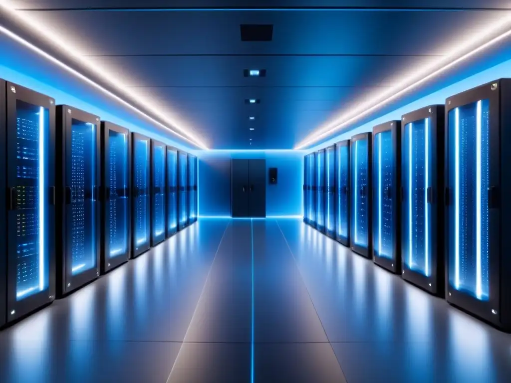 Centro de datos futurista: servidores de vanguardia en un entorno high-tech Centro de datos futurista para inversionistas globales, con servidores de vanguardia y luces azules
