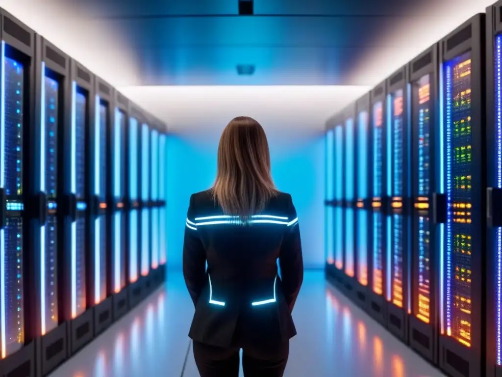 Centro de datos futurista: tecnología de vanguardia en 8k Centro de datos futurista con inversores globales monitoreando tecnología de vanguardia