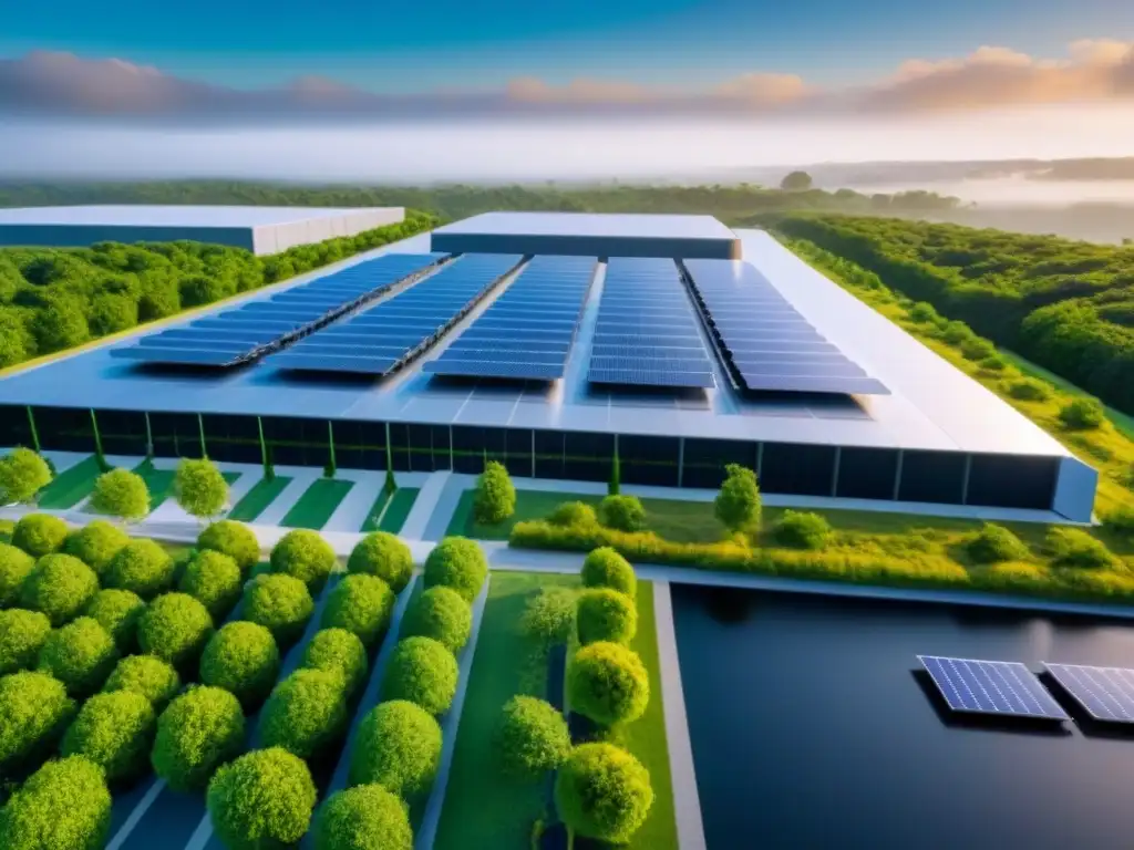 Complejo de datos del futuro: innovación y eficiencia tecnológica Un centro de datos futurista con propiedades de crecimiento: edificios plateados, tecnología avanzada y seguridad innovadora