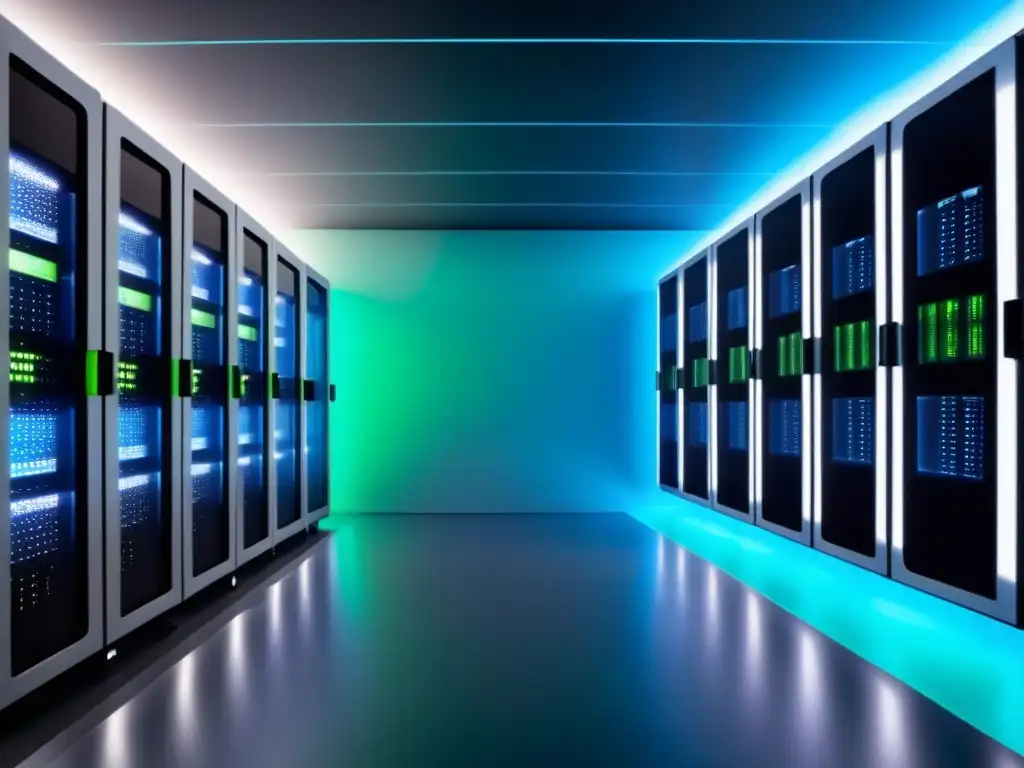 Centro de Datos Futurista y Seguro en la Nube Un centro de datos futurista y seguro para plataformas gestión propiedades nube seguras, iluminado en azul y verde