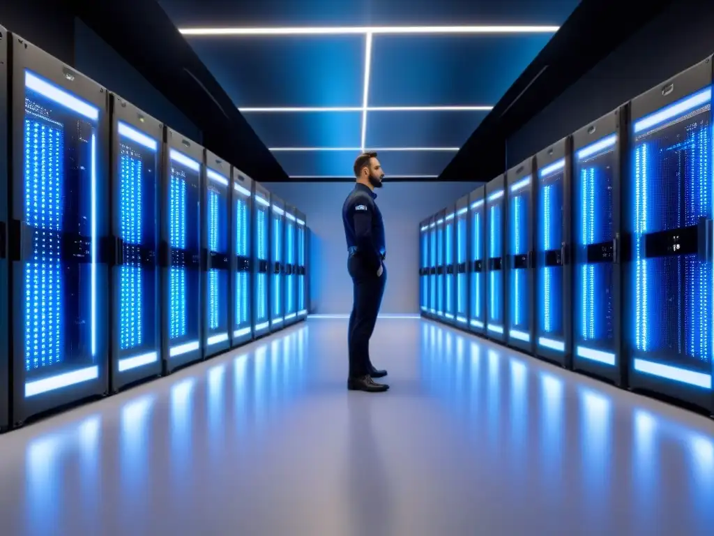 Un centro de datos futurista con servidores brillantes y técnicos monitoreando