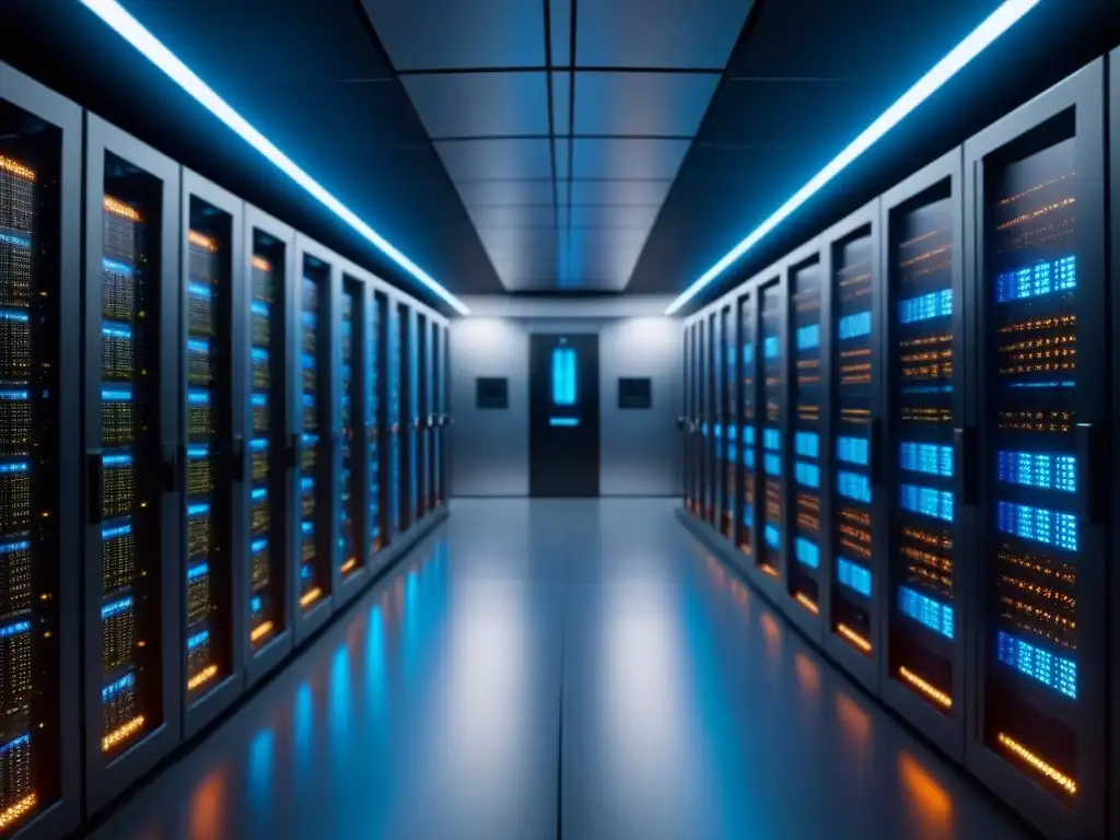 Centro de datos futurista: innovación y tecnología de vanguardia Un centro de datos futurista con servidores brillantes y un equipo diverso colaborando en una sala de control de vanguardia