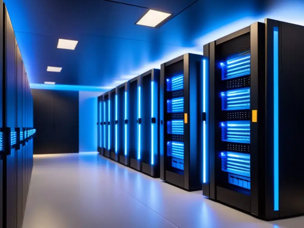 Centro de datos futurista: tecnología avanzada y conectividad global Un centro de datos futurista con servidores brillantes en azul, ideal para Inversiones inmobiliarias con conectividad global