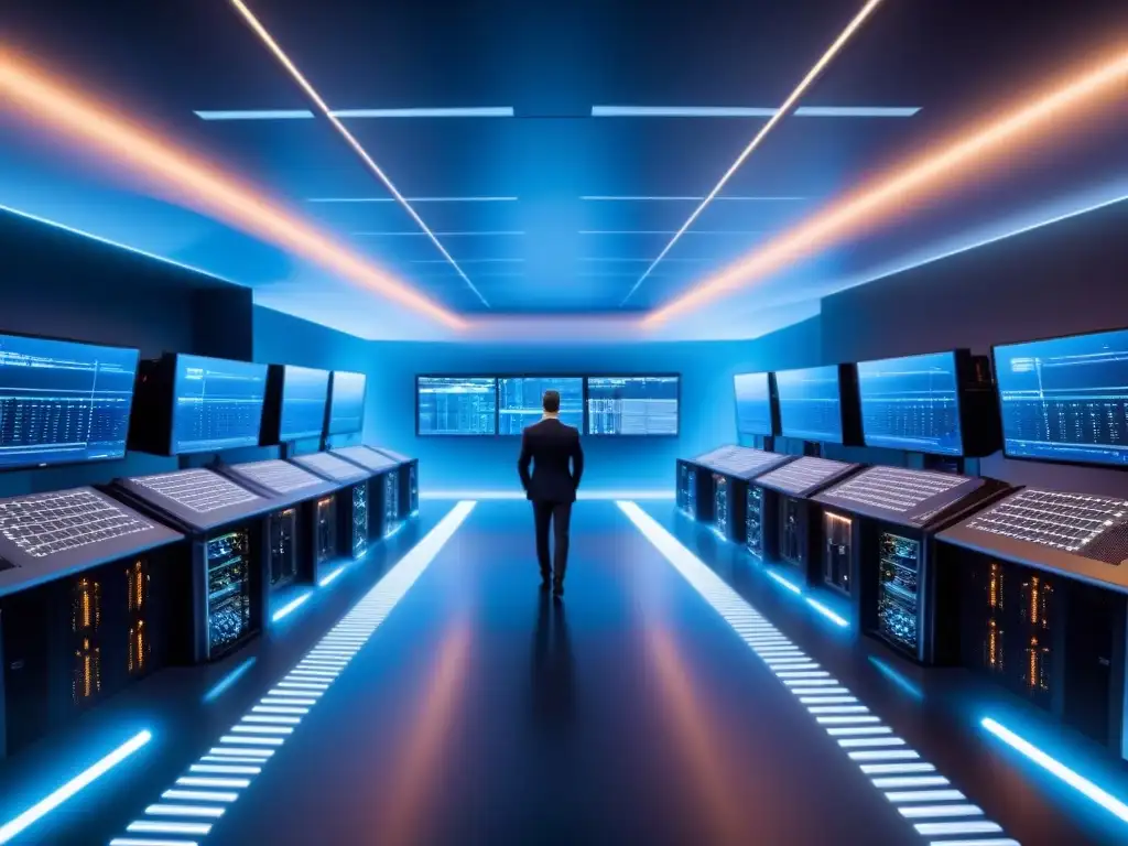 Centro de datos futurista: servidores hightech y sala de control avanzada Un centro de datos futurista con servidores y sala de control de alta tecnología, ideal para inversiones inmobiliarias tech globales