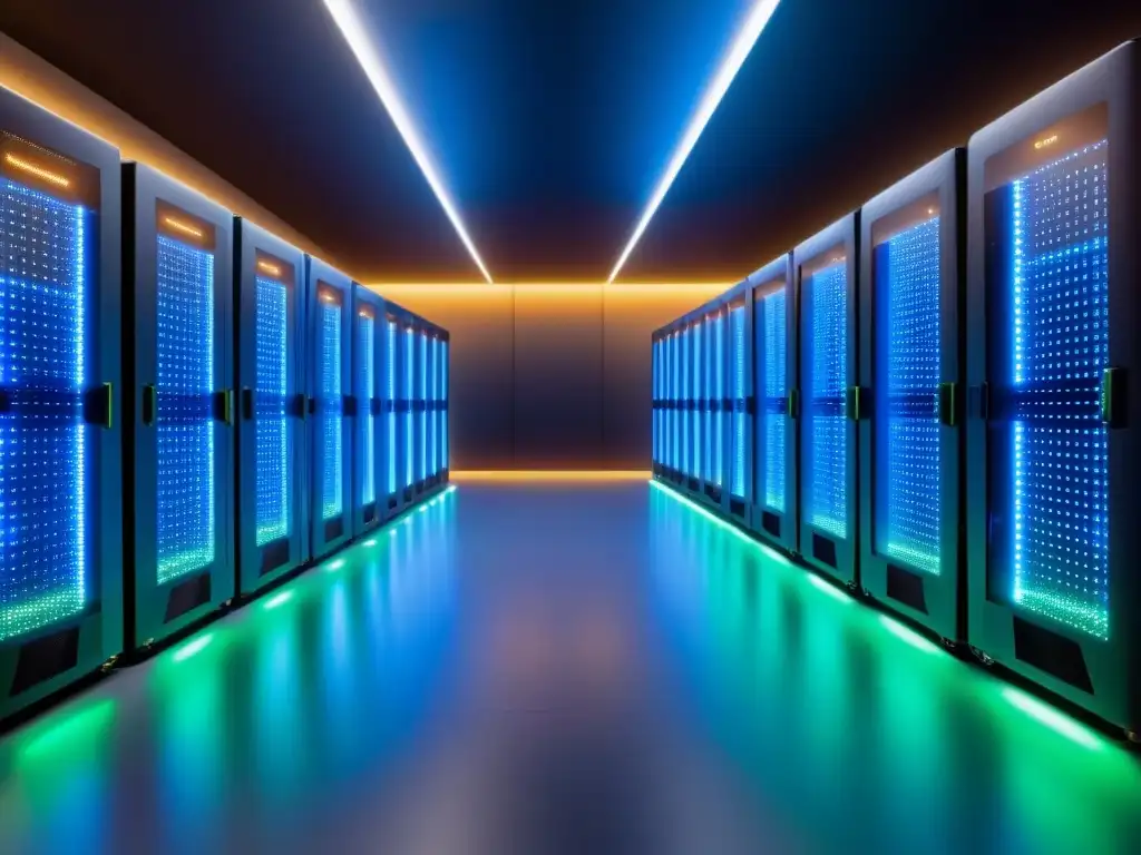 Centro de Datos Futurista con Tecnología Avanzada Centro de datos futurista con servidores brillantes en azul y verde, reflejando innovación en inteligencia artificial