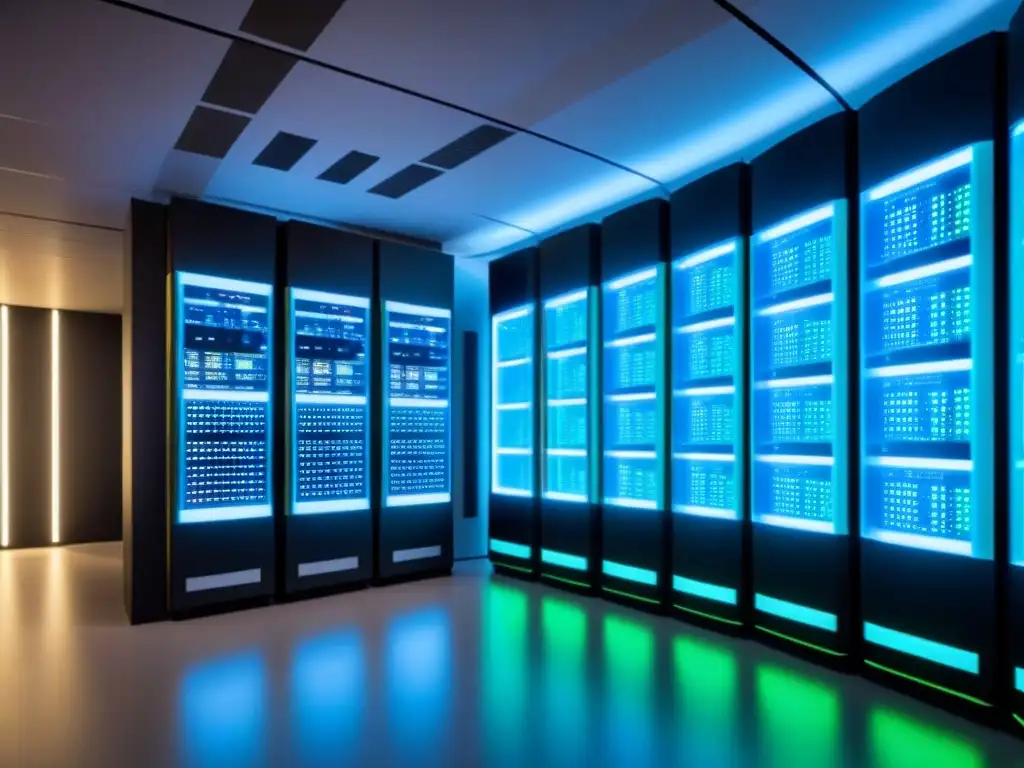 Centro de datos futurista: tecnología avanzada y IA en acción Un centro de datos futurista con servidores brillantes rodeados de pantallas mostrando algoritmos y visualizaciones de datos