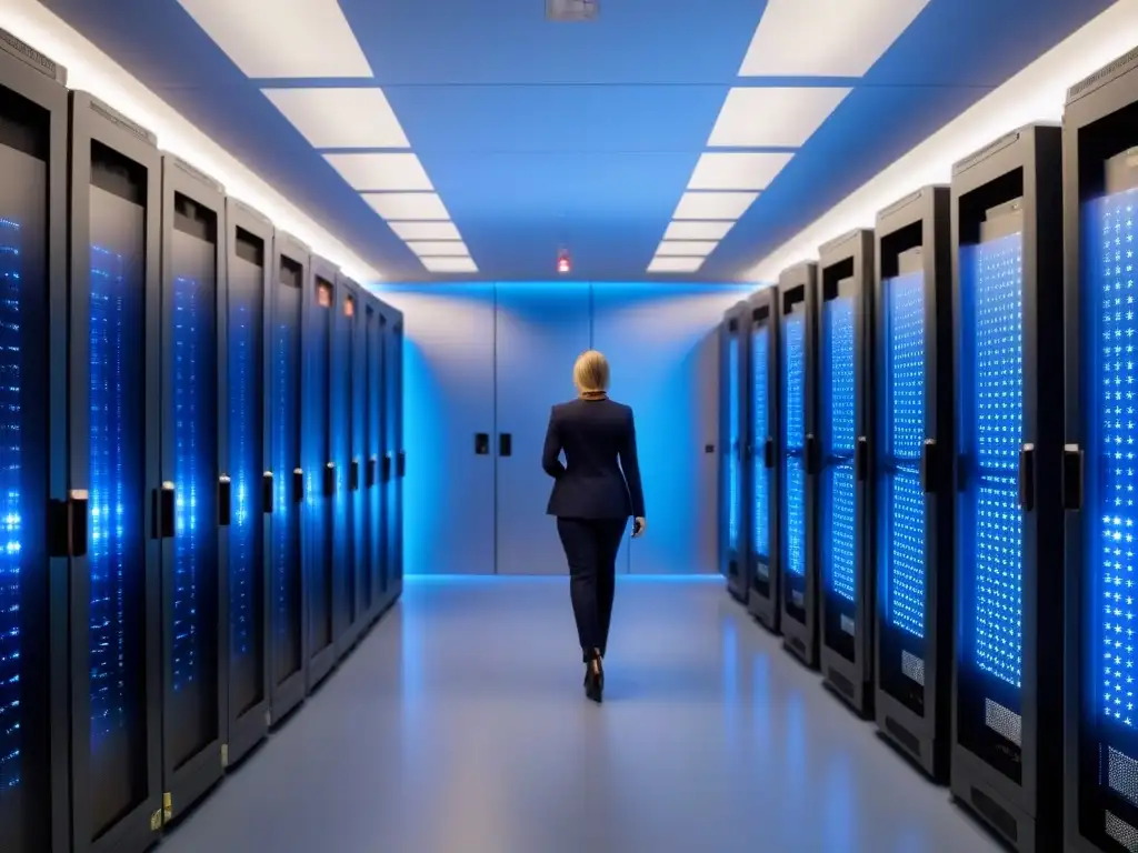 Centro de Datos Futurista: Tecnología de Vanguardia en Acción Un centro de datos futurista con servidores de vanguardia, tecnología AI y analítica de datos, destacando el impacto de la inteligencia artificial en centros de datos