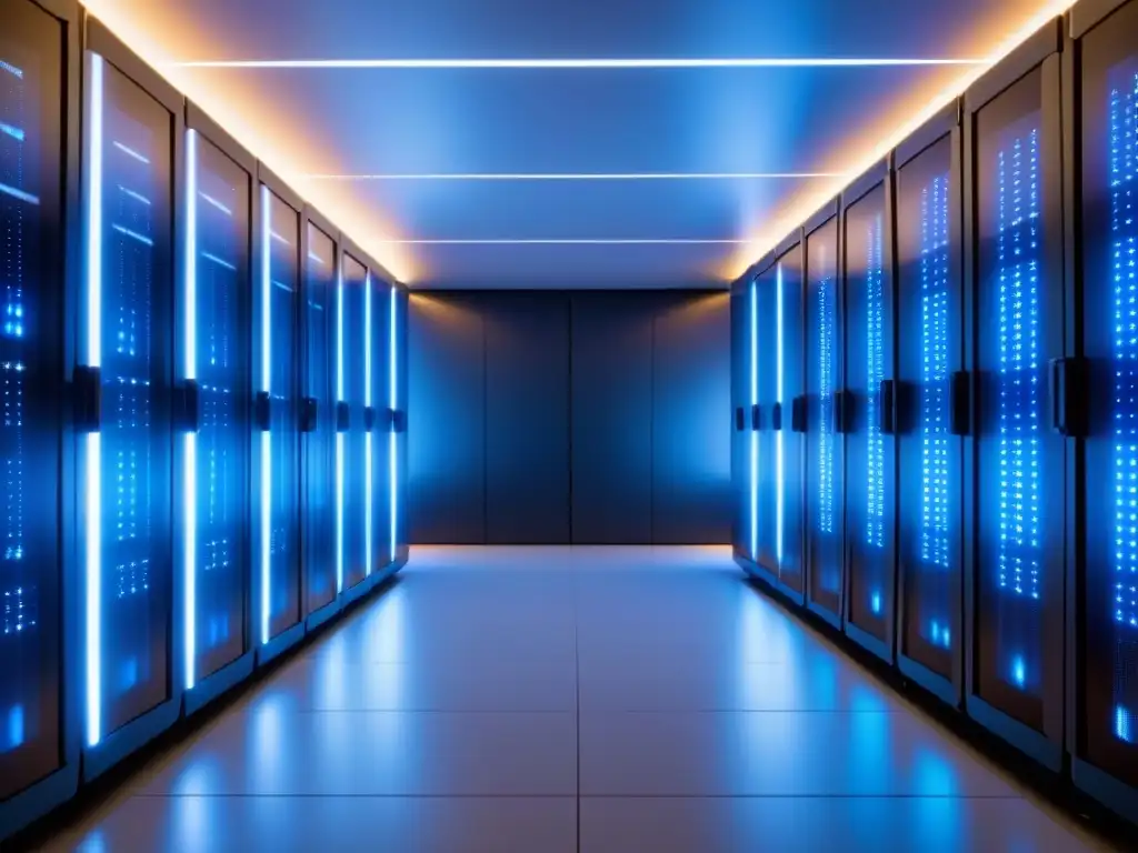 Centro de datos futurista: eficiencia tecnológica Centro de datos futurista con servidores alineados en una sala iluminada y tecnológica