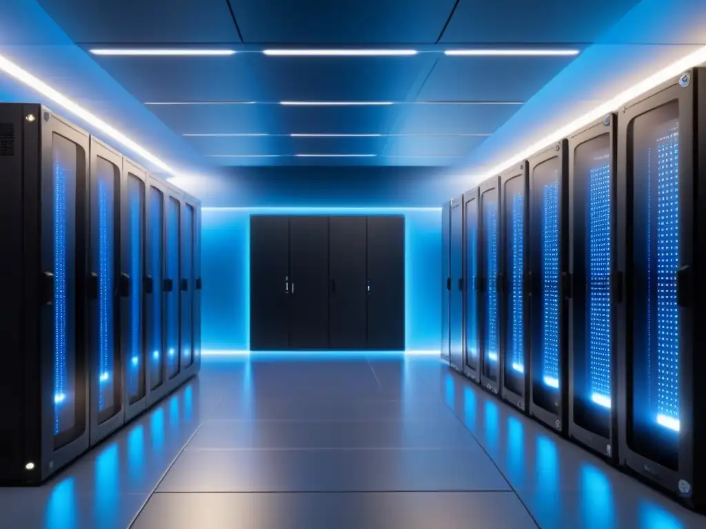 Centro de datos futurista: servidores metálicos en acción Un centro de datos futurista con servidores metálicos en fila, luces azules y tecnología avanzada