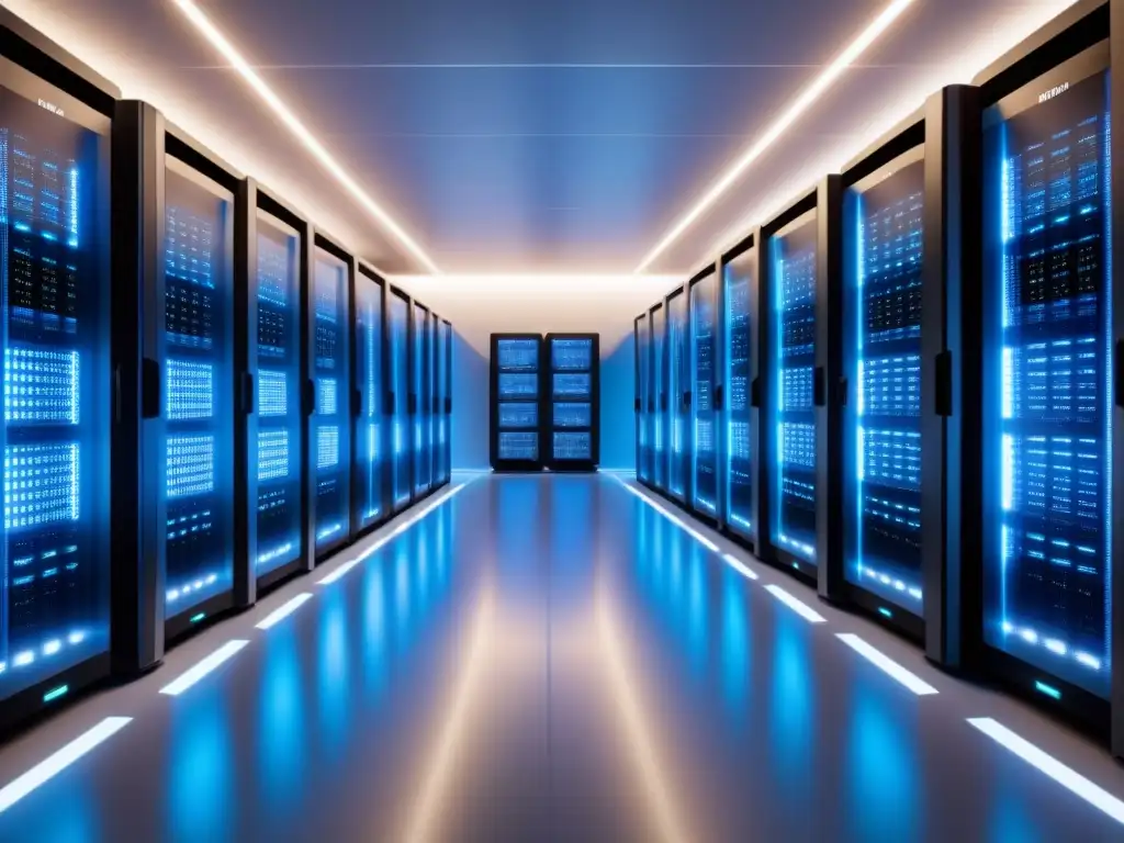 Centro de Datos Futurista: Revolución de Conectividad Global en 8k Un centro de datos futurista con servidores brillantes y ordenados, tecnología avanzada que potencia la revolución de la conectividad global