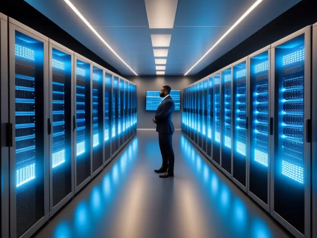 Centro de datos futurista con servidores brillando en azul, técnicos monitoreando pantallas