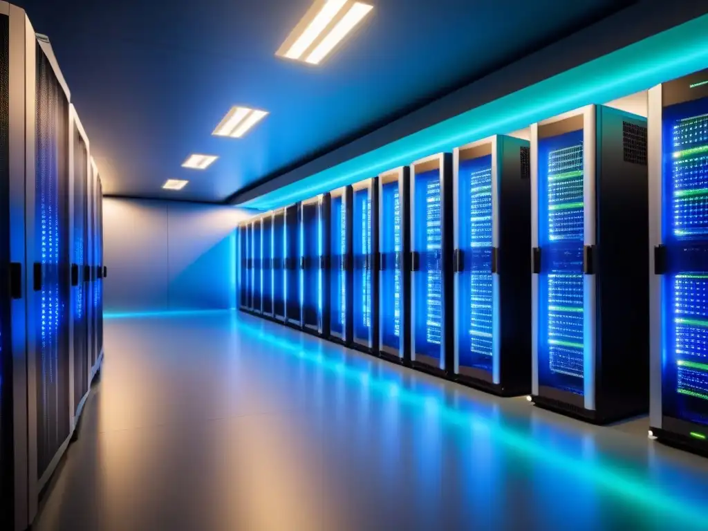 Centro de datos futurista: servidores brillantes en ambiente de vanguardia Un centro de datos futurista y sofisticado, iluminado con luces azules y verdes vibrantes, mostrando servidores alineados en un ambiente de vanguardia