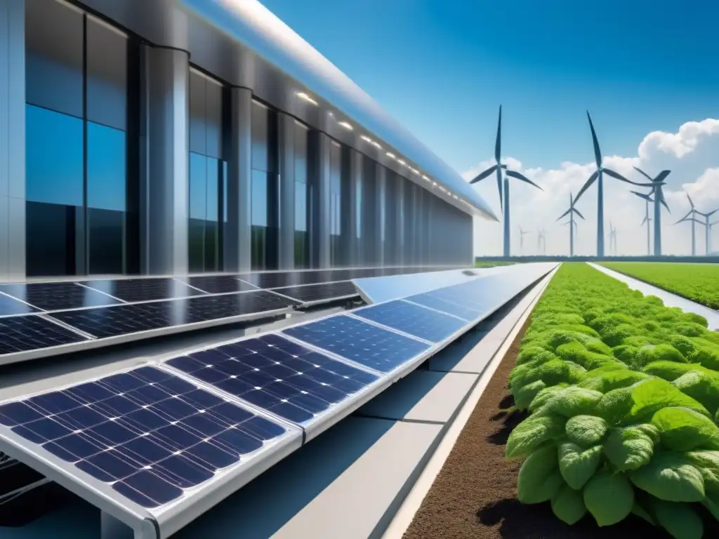 Centro de datos sostenible: innovación y eficiencia renovable Un centro de datos futurista y sostenible con energías renovables, rodeado de naturaleza exuberante