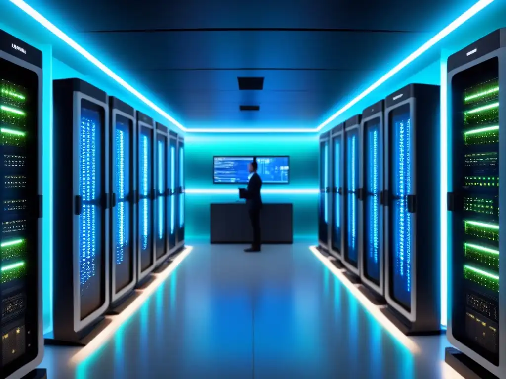 Centro de datos futurista: innovación y eficiencia En el centro de datos del futuro, la inteligencia artificial impacta con eficiencia y precisión en un ambiente innovador