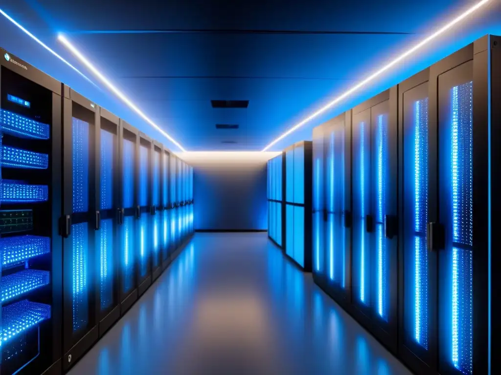 Centro de datos futurista: servidores iluminados en red de fibra óptica Un centro de datos de última generación con servidores organizados y conectados por fibra óptica, iluminados en azul