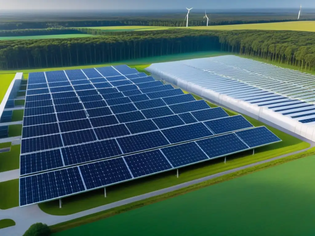 Centro de datos sostenible: innovación y eficiencia renovable Un centro de datos sostenible, con energías renovables y tecnología de vanguardia, rodeado de naturaleza
