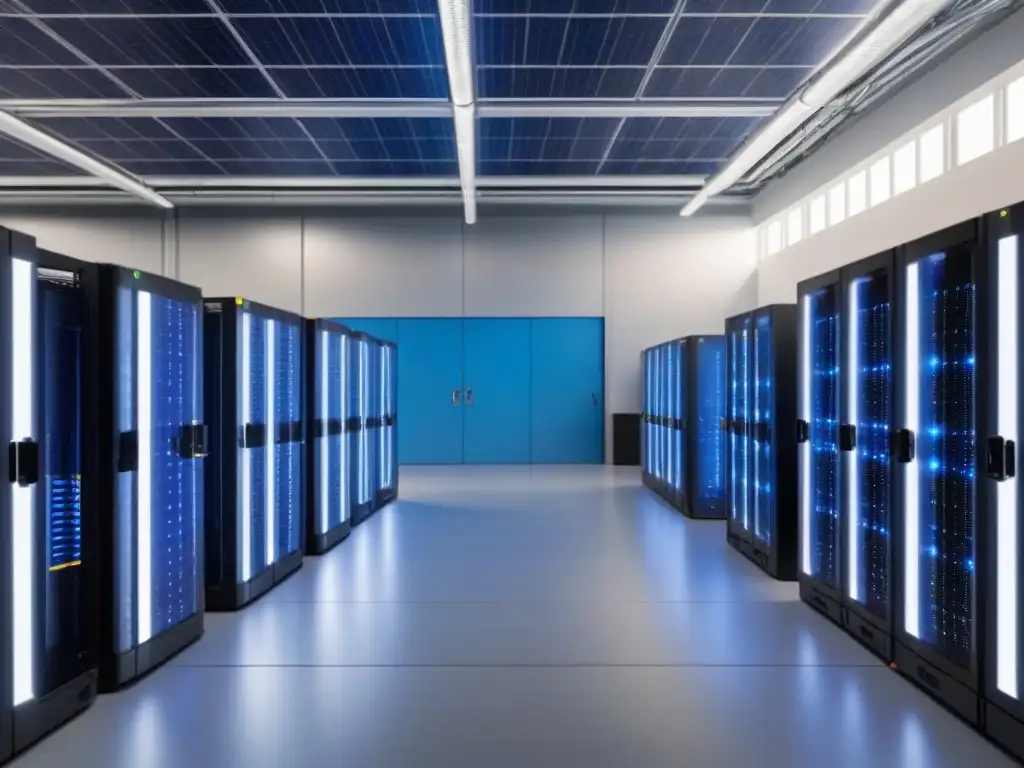 Centro de Datos Ecológico: Tecnología Avanzada en Armonía con la Naturaleza Un centro de datos sostenible con energías renovables, servidores eficientes y armonía tecnológica en un entorno moderno y verde