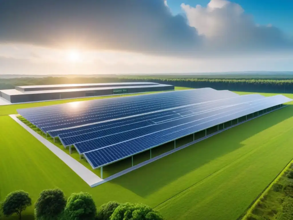 Centro de datos sostenible y futurista rodeado de naturaleza Un centro de datos sostenible y futurista integrado con energías renovables, rodeado de naturaleza