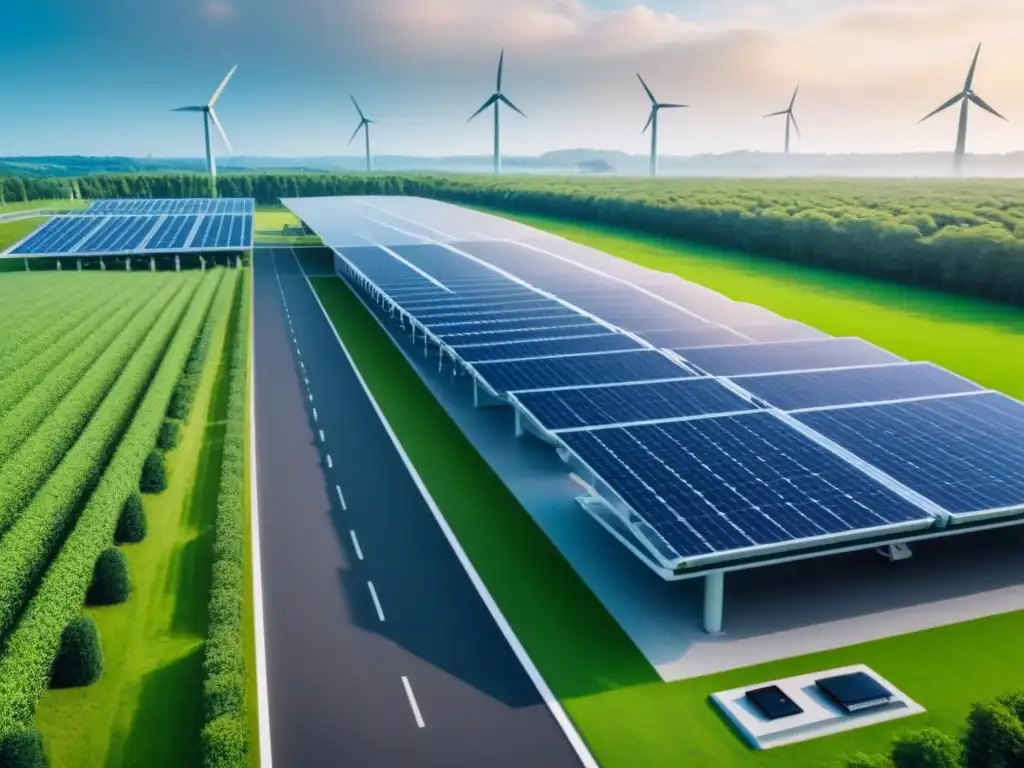 Centro de datos sostenible: fusión de tecnología y naturaleza Centro de datos sostenible con paneles solares, turbinas eólicas y estaciones de carga para autos eléctricos, rodeado de vegetación