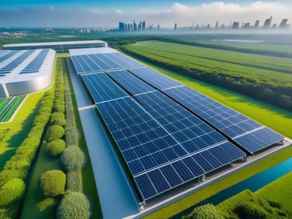 Centro de datos ecoeficiente integrado en paisaje futurista Centro de datos sostenible rodeado de naturaleza y paneles solares, con arquitectura futurista