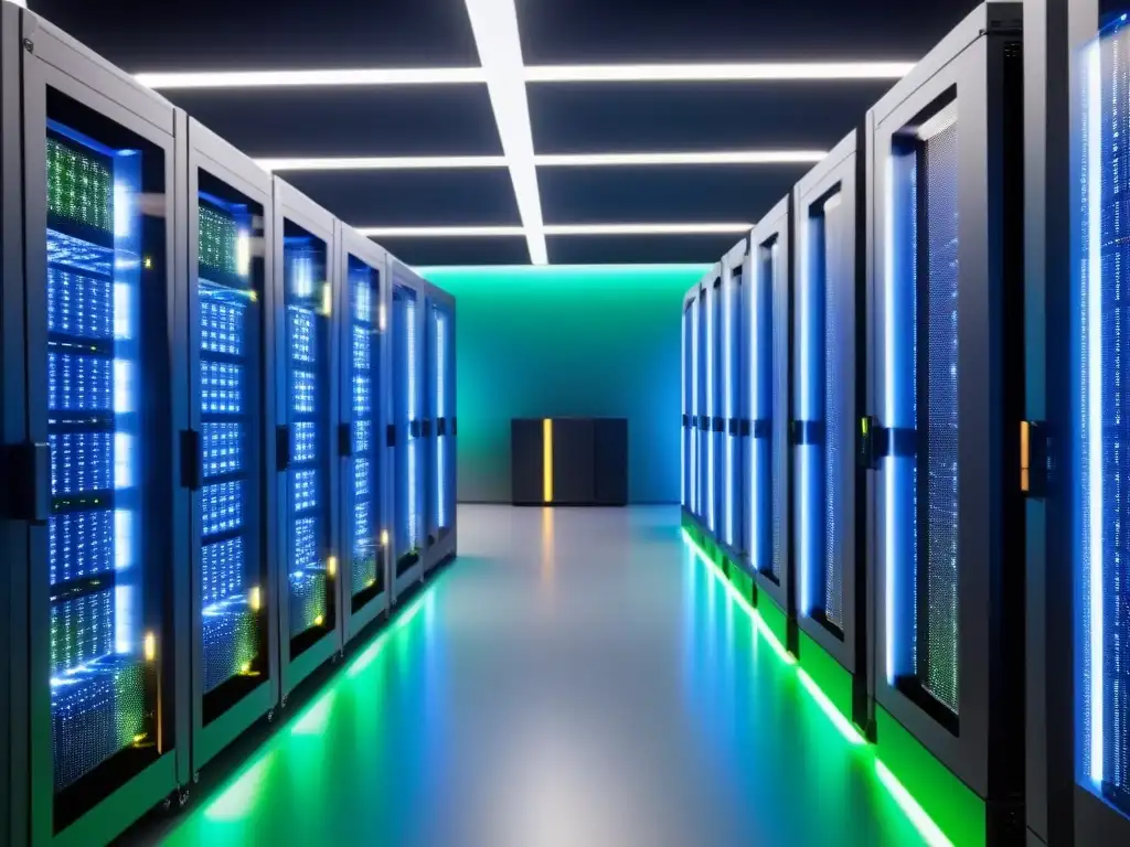 Centro de Datos Futurista: Servidores Eficientes con Luces LED Vibrantes Centro de datos sostenibles para inversionistas globales: servidores modernos con luces LED brillantes en un espacio tecnológico y verde