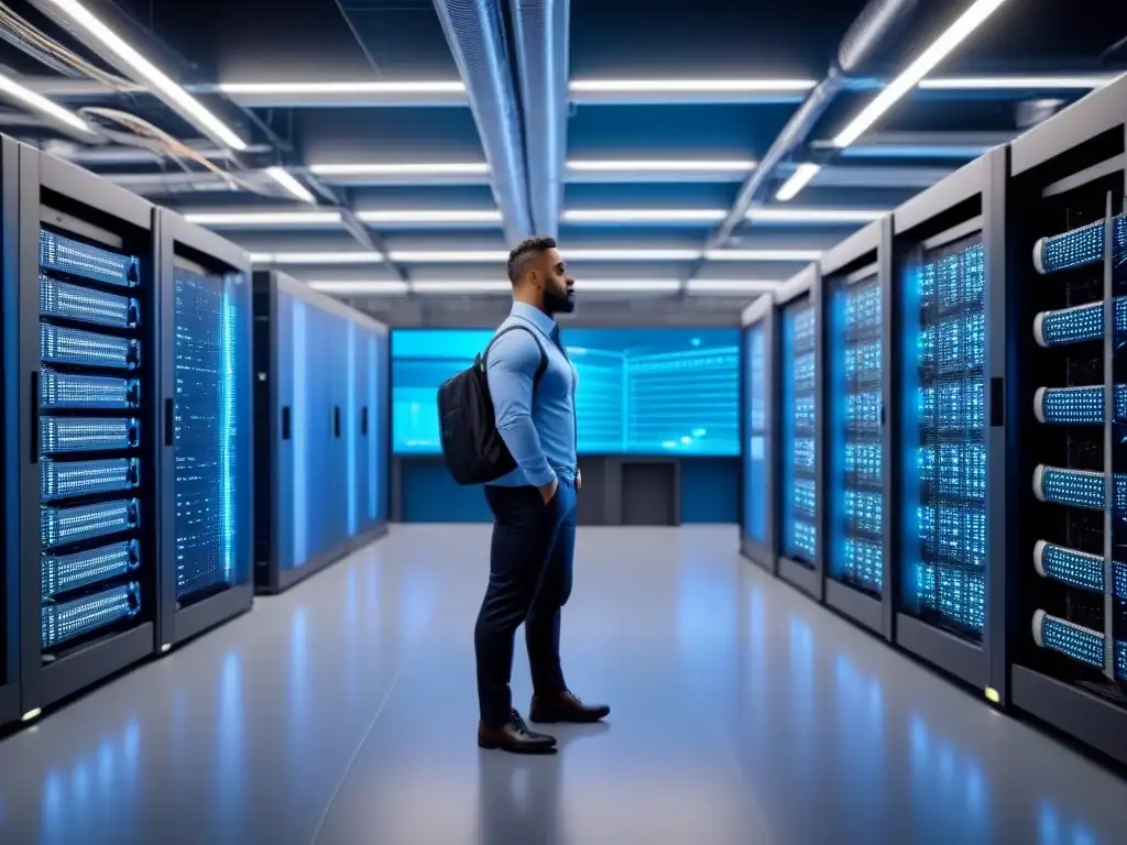Centro de datos de última generación en 8k: Tecnología y profesionalismo Un centro de datos de última generación iluminado en azul, con servidores, cables y sistemas de refrigeración futuristas