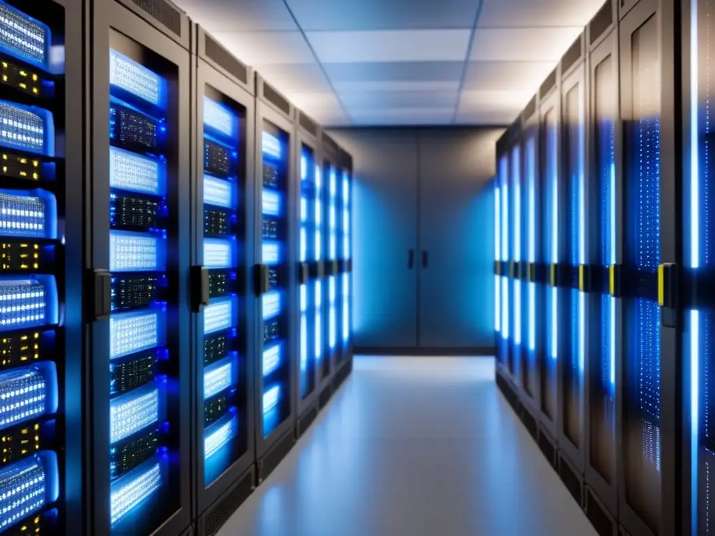 Centro de datos de última generación: lujo tecnológico 8k Centro de datos ultramoderno para inversionistas globales: servidores brillantes, cables ordenados y diseño futurista