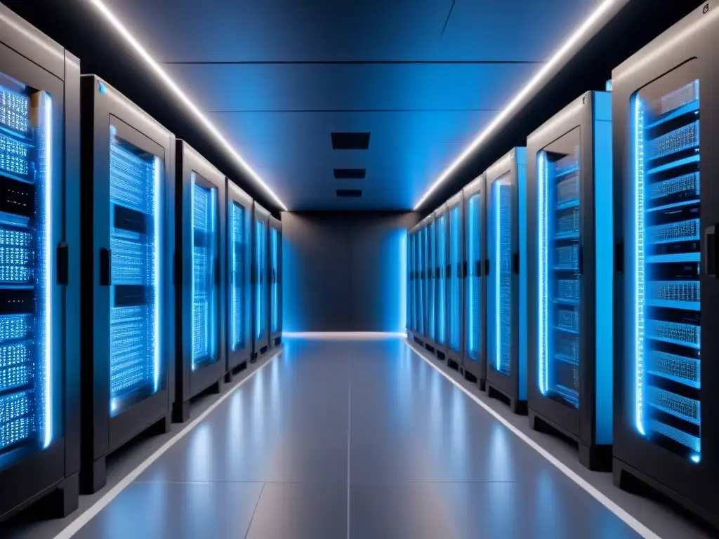 Centro de Datos Futurista: Servidores de Alta Tecnología en 8K Un centro de datos ultramoderno lleno de servidores brillantes en azul, reflejos y cables