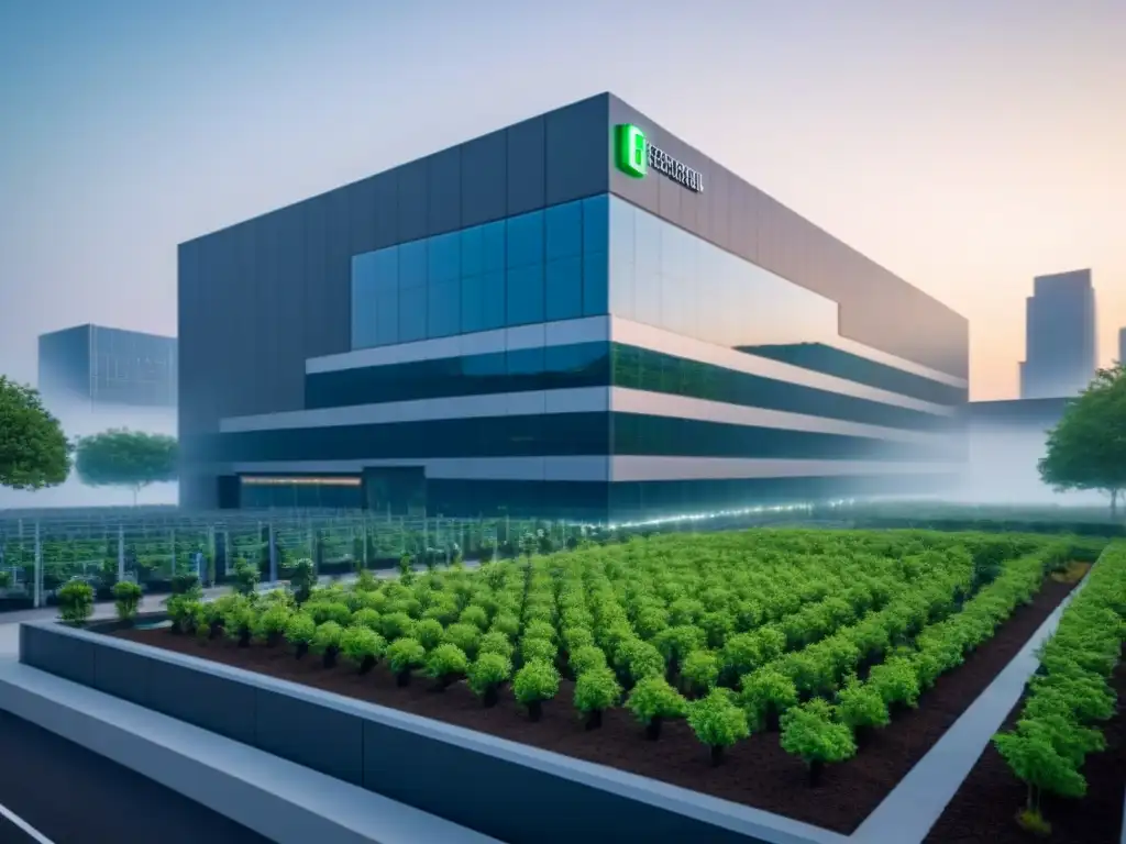 Data center futurista en ciudad sostenible Un centro de datos de vanguardia en una ciudad bulliciosa, con arquitectura moderna y sostenible