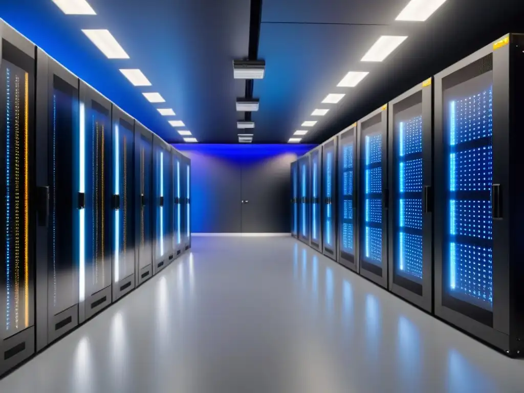 Centro de datos de vanguardia: alta tecnología y eficiencia Un centro de datos de vanguardia para inversionistas globales en centros de datos, con servidores metálicos brillantes bajo luces LED vibrantes