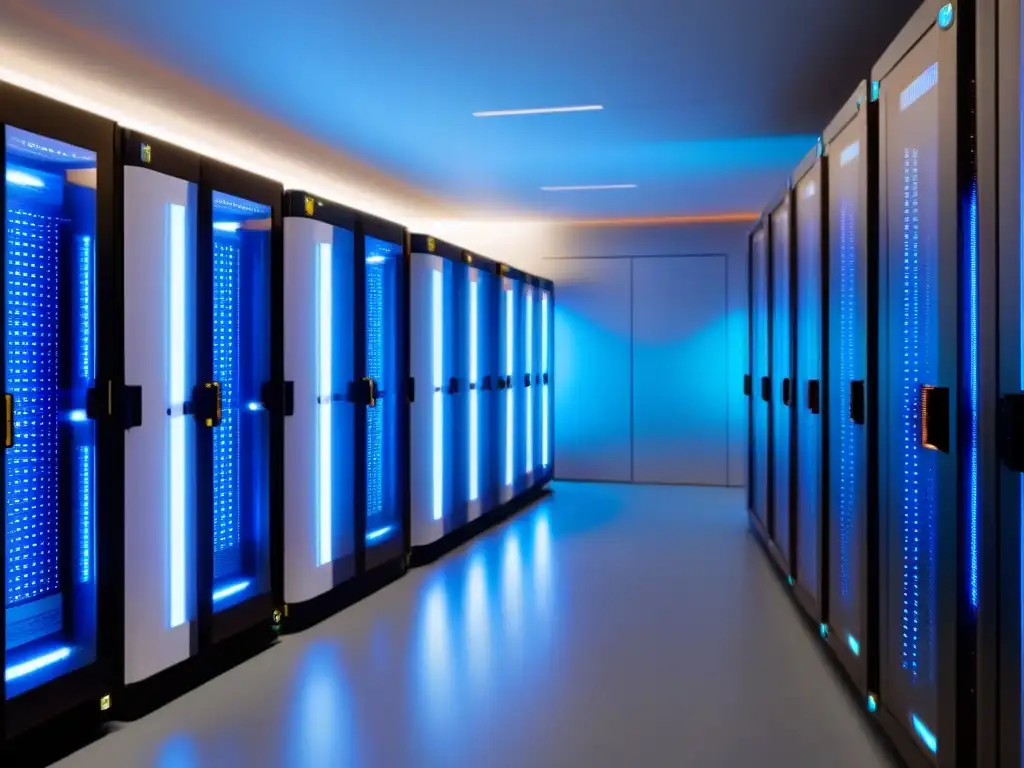 Centro de Datos Futurista con Servidores Avanzados y Eficientes Un centro de datos de vanguardia para inversionistas globales, con servidores futuristas y eficiencia energética
