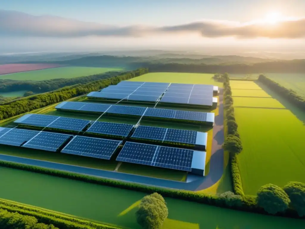 Centro de datos futurista en entorno natural con paneles solares Un centro de datos de vanguardia en un paisaje verde, fusionando tecnología y naturaleza