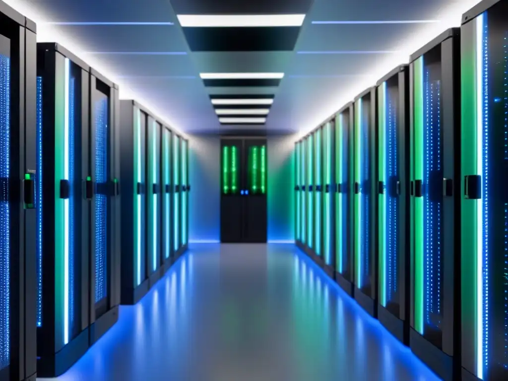 Centro de datos futurista con servidores ultradetallados en 8k Un centro de datos de vanguardia con servidores alineados en una sala futurista iluminada en azul y verde