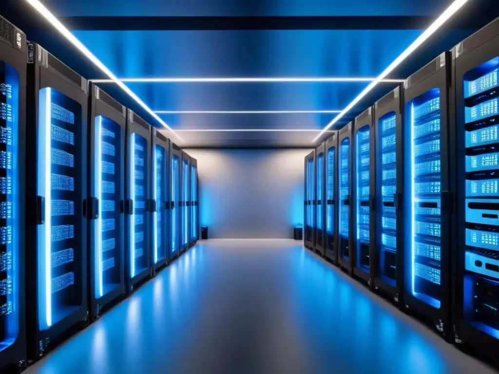 Centro de datos de última generación: tecnología y eficiencia en 8K Un centro de datos de vanguardia con servidores relucientes y técnicos trabajando, bañado en una luz azul fresca