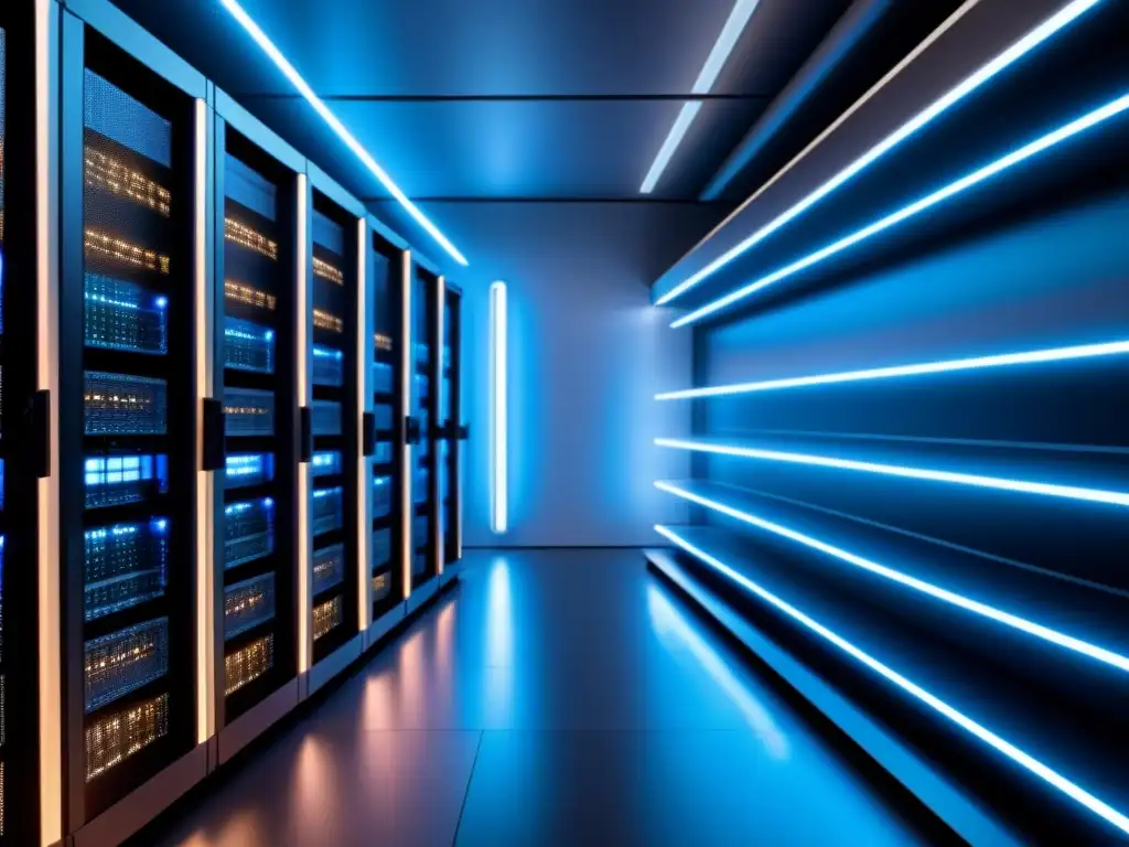 Centro de datos futurista con servidores brillantes bajo luces LED Un centro de datos de vanguardia con servidores relucientes bajo luces LED futuristas, destacando inversiones en propiedades para infraestructura