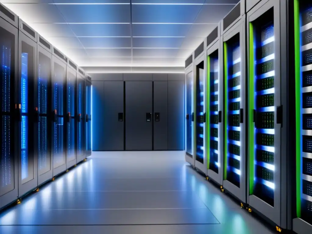 Centro de datos de última generación: tecnología avanzada y precisión Un centro de datos de vanguardia con tecnología avanzada y un equipo de ingenieros trabajando
